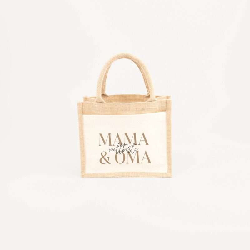 Beige burlap tote bag with handles against a pale backdrop, centered in the frame, partially cropped at the bottom.