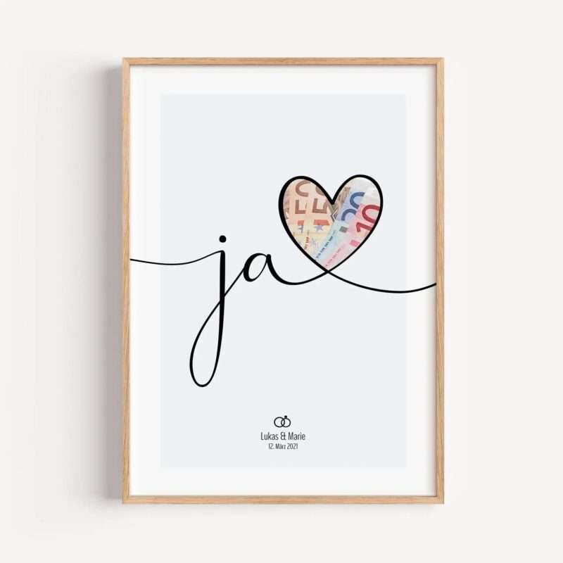 Framed wedding invitation with a heart made from euro banknotes, showing names Lukas & Marie and the date 12. März 2021.