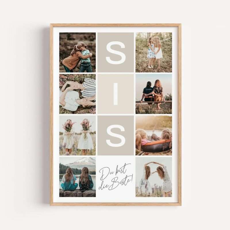 Wood-framed photo collage grid with multiple personal photos and neutral text tiles, forming a mosaic layout.