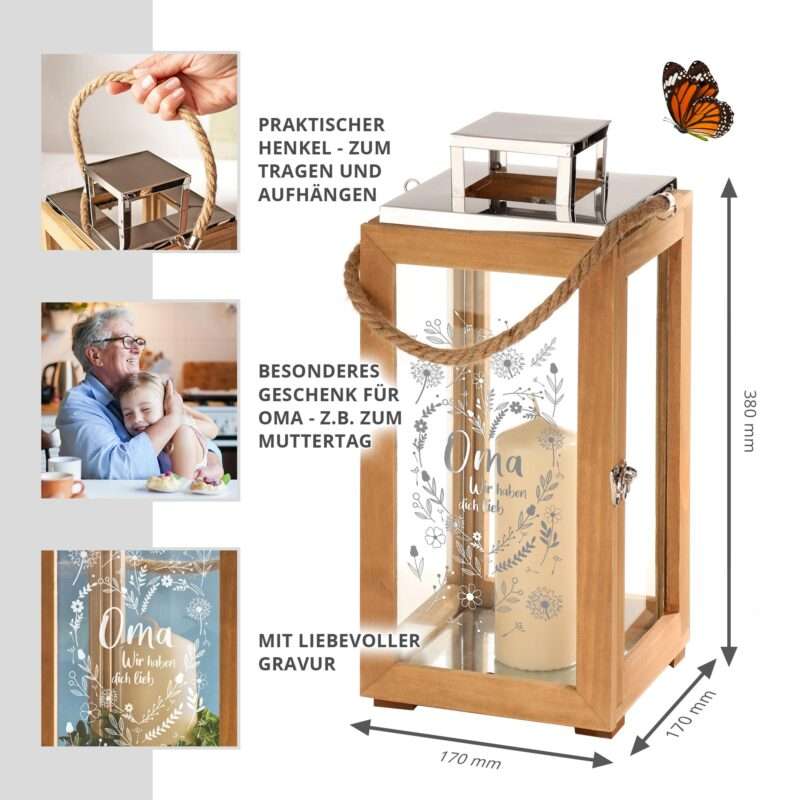 Holz Laterne mit Gravur - Blumenherz für Oma