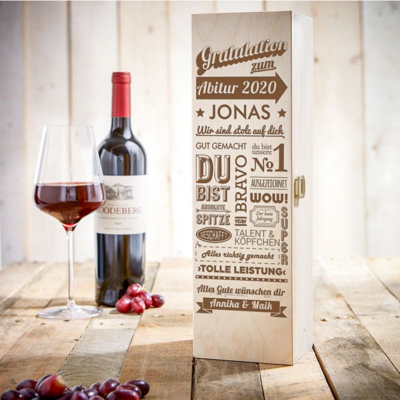 Bild von   weinkiste mit gravur zum abitujpg | Individuelle 🎁 persönliche 🎁 personalisierte Geschenke bedruckt ▪ bestickt ▪ graviert