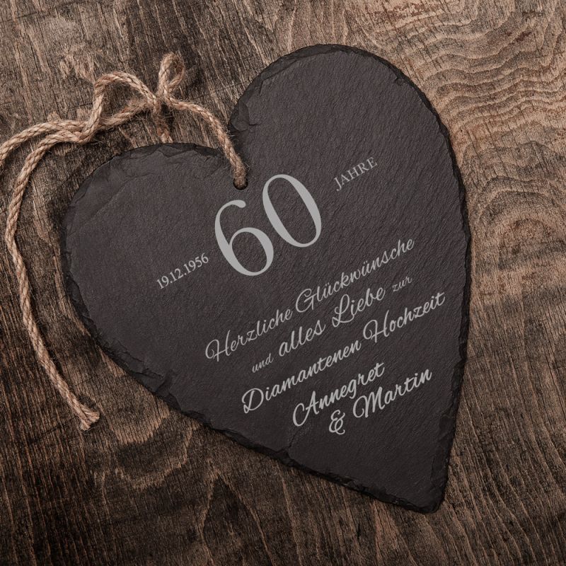 Bild von   schieferherz zur diamantenen hjpg | Individuelle 🎁 persönliche 🎁 personalisierte Geschenke bedruckt ▪ bestickt ▪ graviert