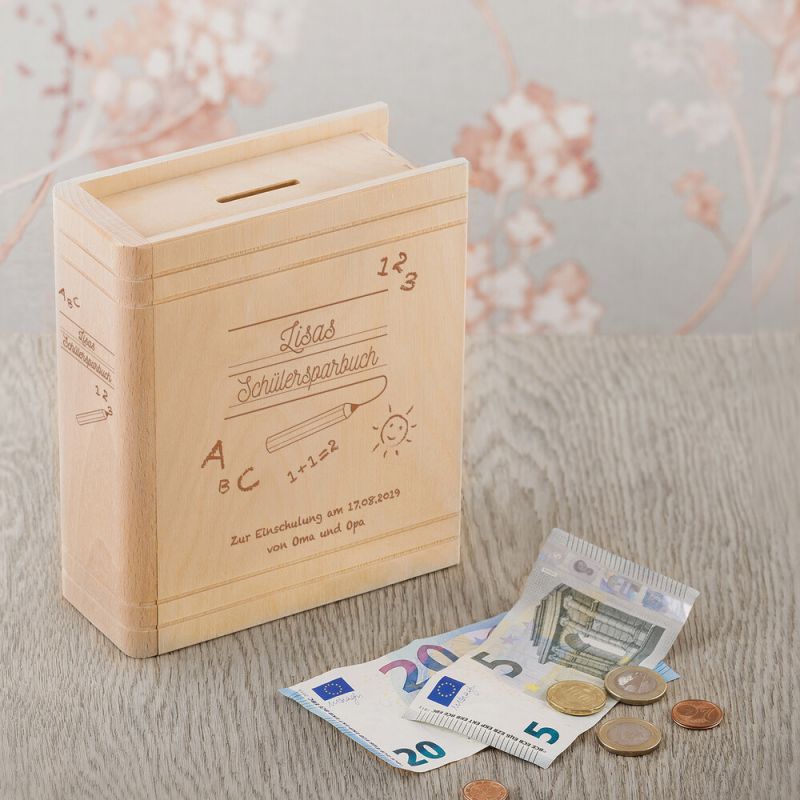 Bild von   spardose buch aus holz mit grajpg | Individuelle 🎁 persönliche 🎁 personalisierte Geschenke bedruckt ▪ bestickt ▪ graviert