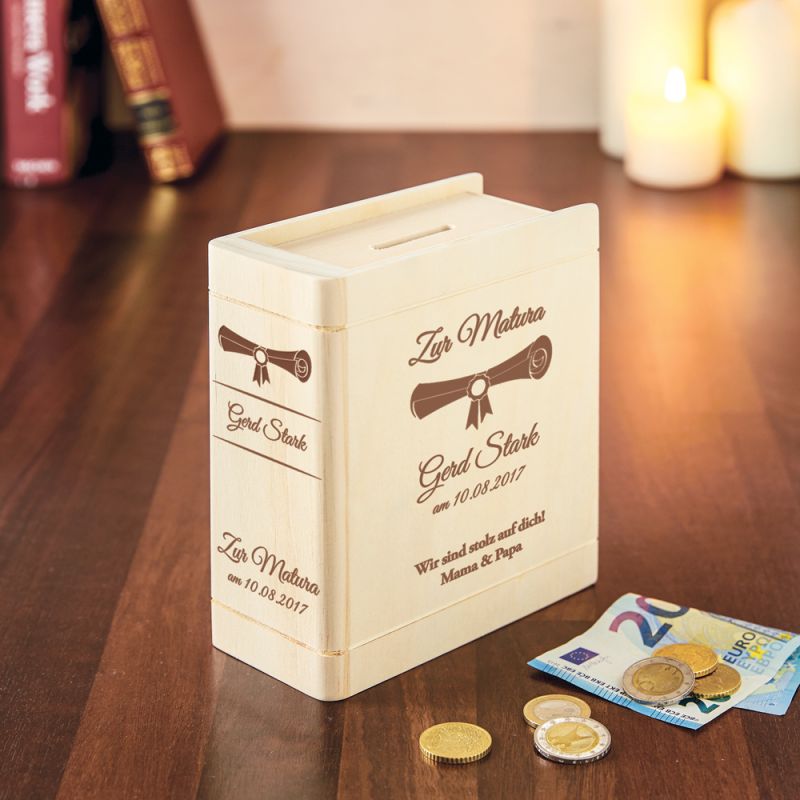 Bild von   spardose buch aus holz mit grajpg | Individuelle 🎁 persönliche 🎁 personalisierte Geschenke bedruckt ▪ bestickt ▪ graviert