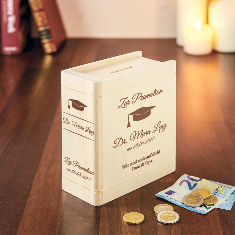 Bild von   spardose buch aus holz mit grajpg | Individuelle 🎁 persönliche 🎁 personalisierte Geschenke bedruckt ▪ bestickt ▪ graviert