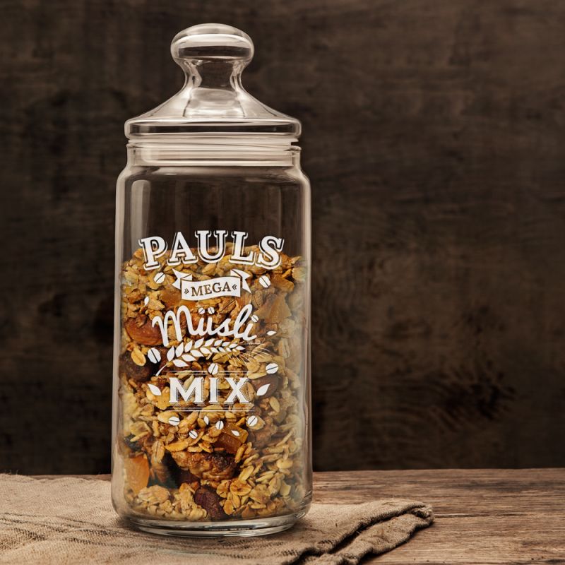 Bild von   muesliglas mit gravur mueslijpg | Individuelle 🎁 persönliche 🎁 personalisierte Geschenke bedruckt ▪ bestickt ▪ graviert