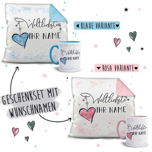 Geschenk-Set Namenstasse plus Kissen - Weltliebste/r mit WUNSCHNAME