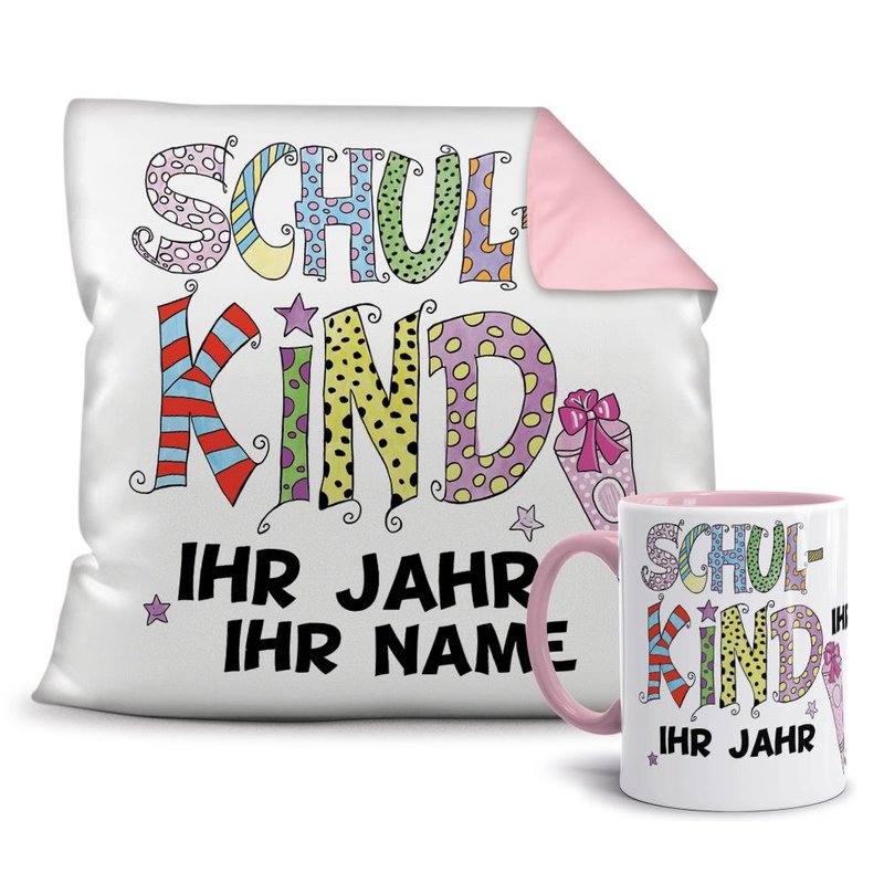 Geschenk-Set - Schulkind Mädchen - Ihr Wunschname und Jahr - Tasse & Farbkissen Rosa