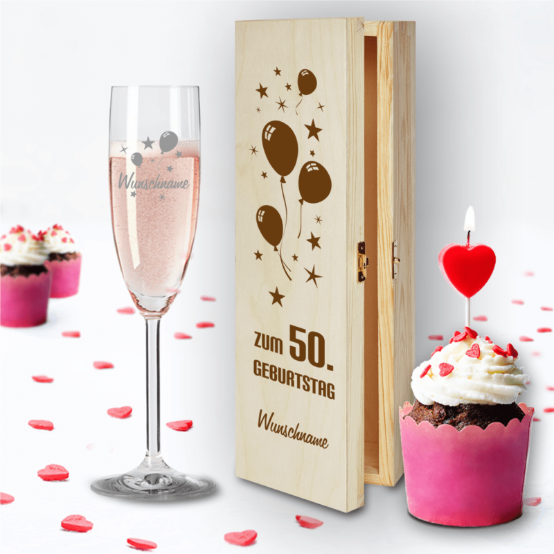 Bild von   geschenkbox und sektglas von lpng | Individuelle 🎁 persönliche 🎁 personalisierte Geschenke bedruckt ▪ bestickt ▪ graviert