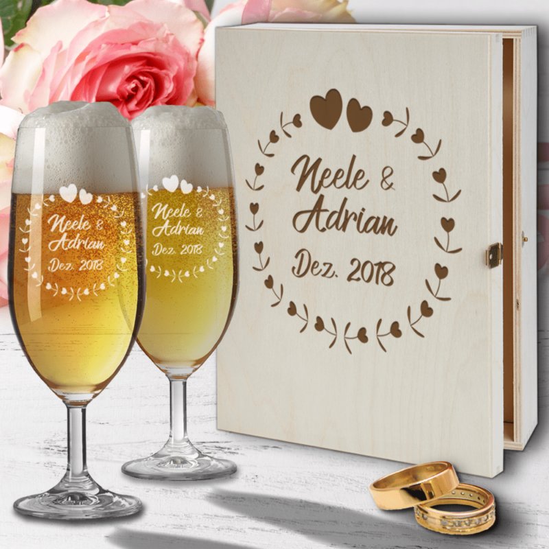 Bierglas-Set zur Hochzeit mit Namensgravur - Herzkreis
