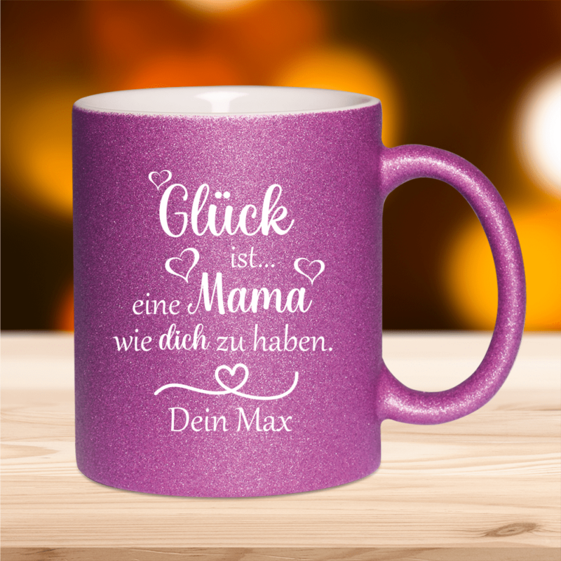 Bild von   glitzer tasse glueck ist eipng | Individuelle 🎁 persönliche 🎁 personalisierte Geschenke bedruckt ▪ bestickt ▪ graviert