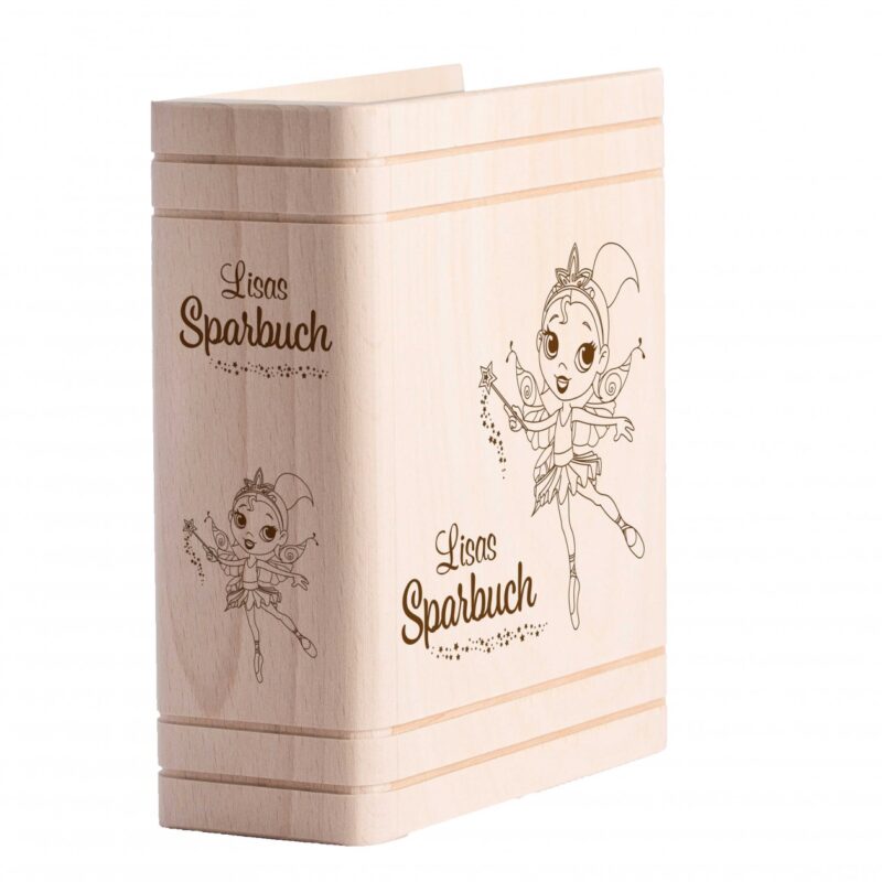 Spardose aus Holz mit Namen -Sparbuch Fee