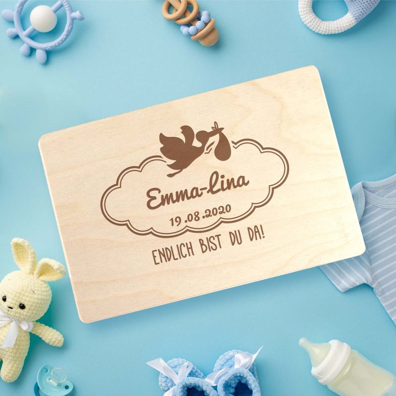 Bild von   keepsake box geburt storchjpg | Individuelle 🎁 persönliche 🎁 personalisierte Geschenke bedruckt ▪ bestickt ▪ graviert