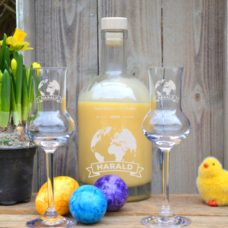 3-tlg. Likör Geschenkset Flasche 2x Gläser mit Wunschgravur