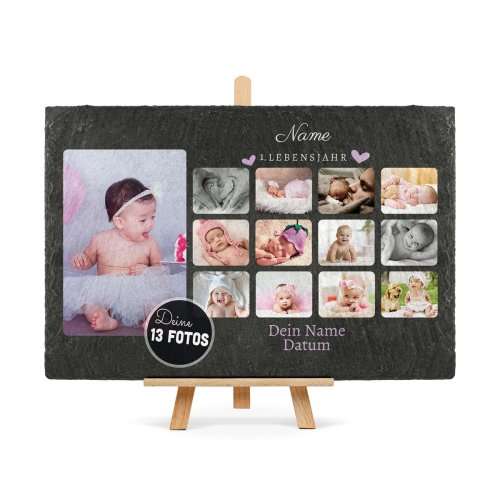 Schieferplatte - 1. Lebensjahr - mit Fotos, Name und Datum - für Mädchen - 20 x 30 cm - mit Staffelei