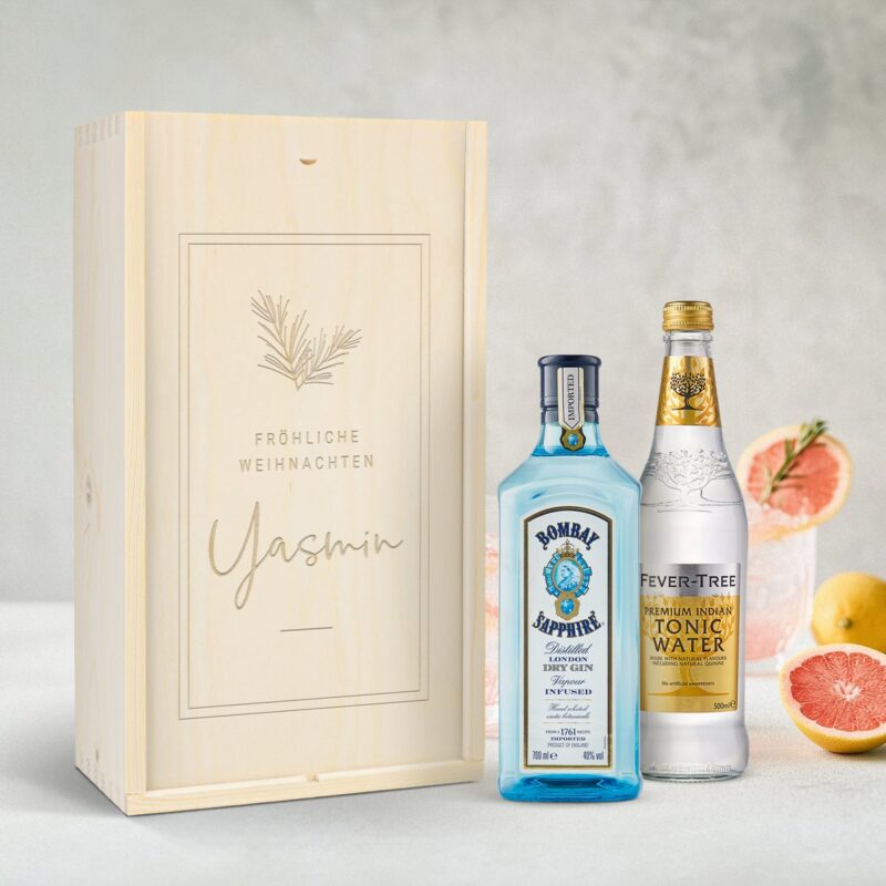 Holzkiste mit Gravur mit Gin Tonic Set - Bombay Sapphire
