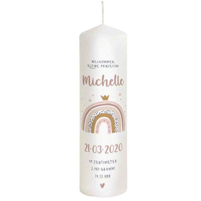 Geburtskerze Regenbogen für Mädchen "Modell Michelle" "25 cm x 8 cm"