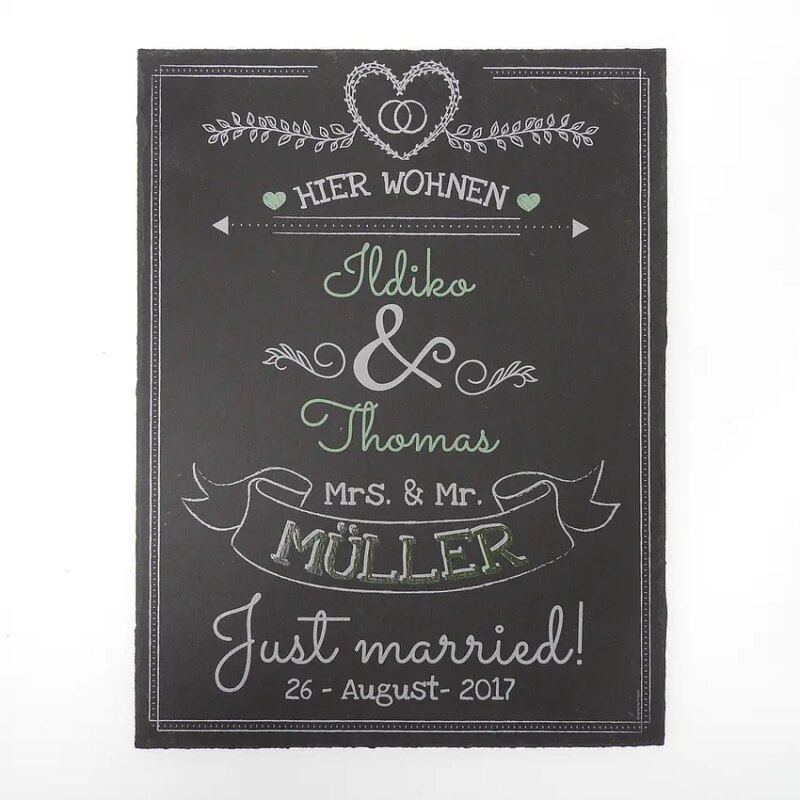 Bild von   schild zur hochzeit aus schiefjpg | Individuelle 🎁 persönliche 🎁 personalisierte Geschenke bedruckt ▪ bestickt ▪ graviert