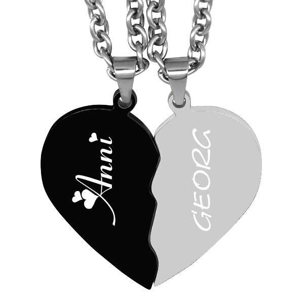 Partner-Anhänger mit Gravur geteilte Herzen silber schwarz