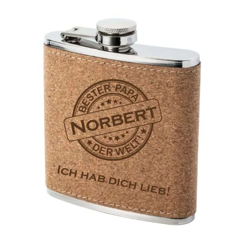 Bild von   flachmann mit gravur kork besjpg | Individuelle 🎁 persönliche 🎁 personalisierte Geschenke bedruckt ▪ bestickt ▪ graviert