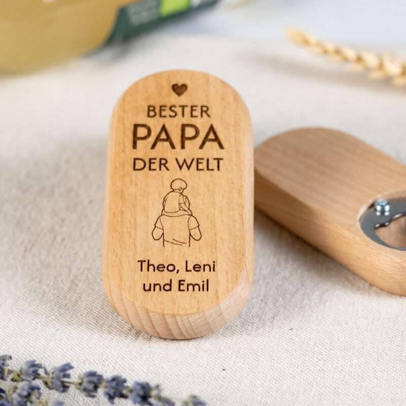 Flaschenöffner oval Buchenholz mit Gravur für Papa