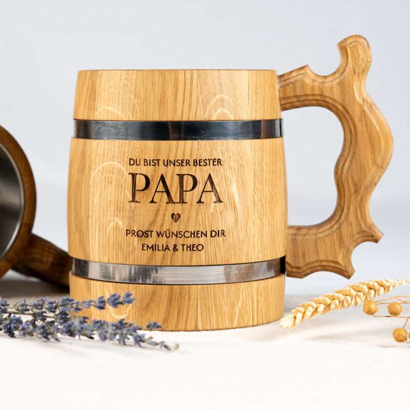 Bierkrug mit Edelstahleinsatz mit Gravur für Papa