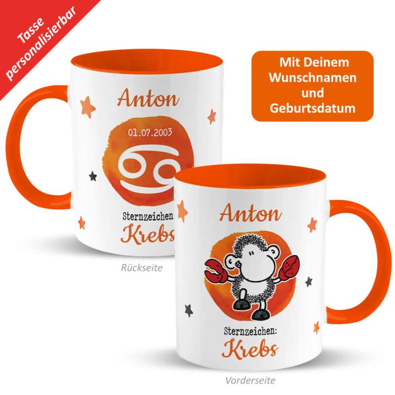 Tasse mit Sternzeichen »Krebs«, mit Namen und Geburtsdatum, orange, personalisiert