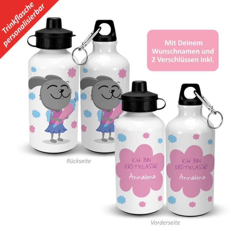 Alu-Trinkflasche zum Schulanfang »Ich bin erstklassig! ...« mit Wunschnamen, weiß, personalisiert