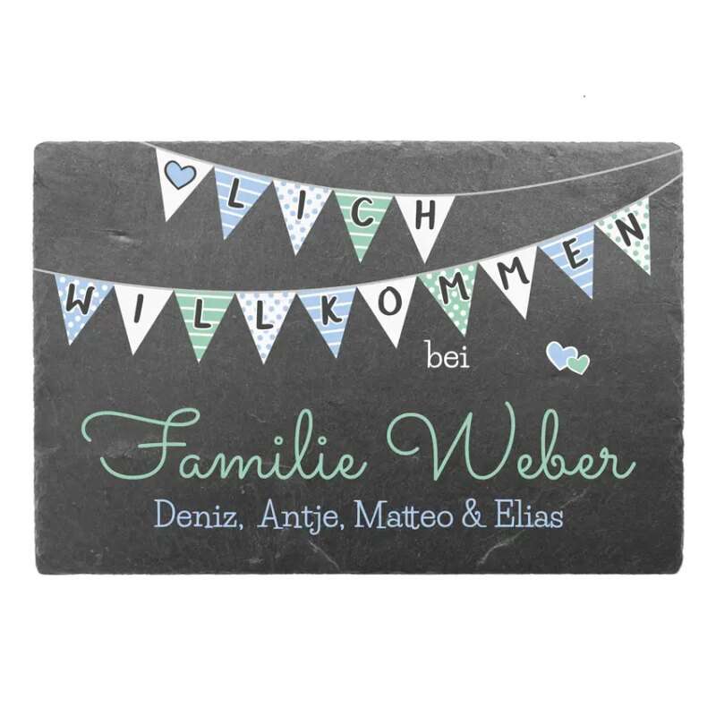 Türschild aus Schiefer "HERZLICH WILLKOMMEN" mit Personalisierung 300 x 200 mm | blau/grün