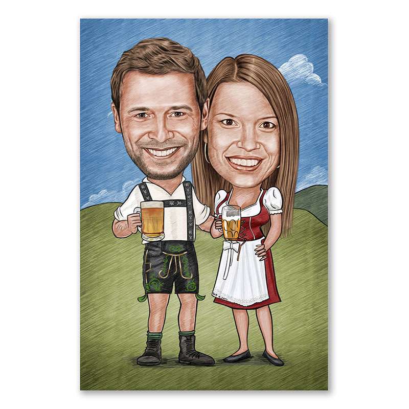 Karikatur vom Foto - Wiesn Paar Zeichnung mit rot (ca254pen-color)