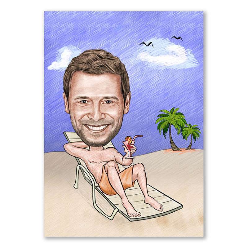 Karikatur vom Foto - Am Strand mit Cocktail Zeichnung mit rot (ca102man-pen-color)