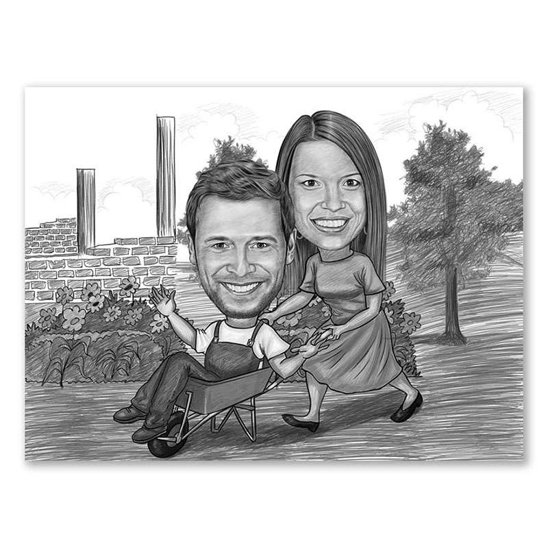 Karikatur vom Foto - Mann in Schubkarre Zeichnung (ca924pen)