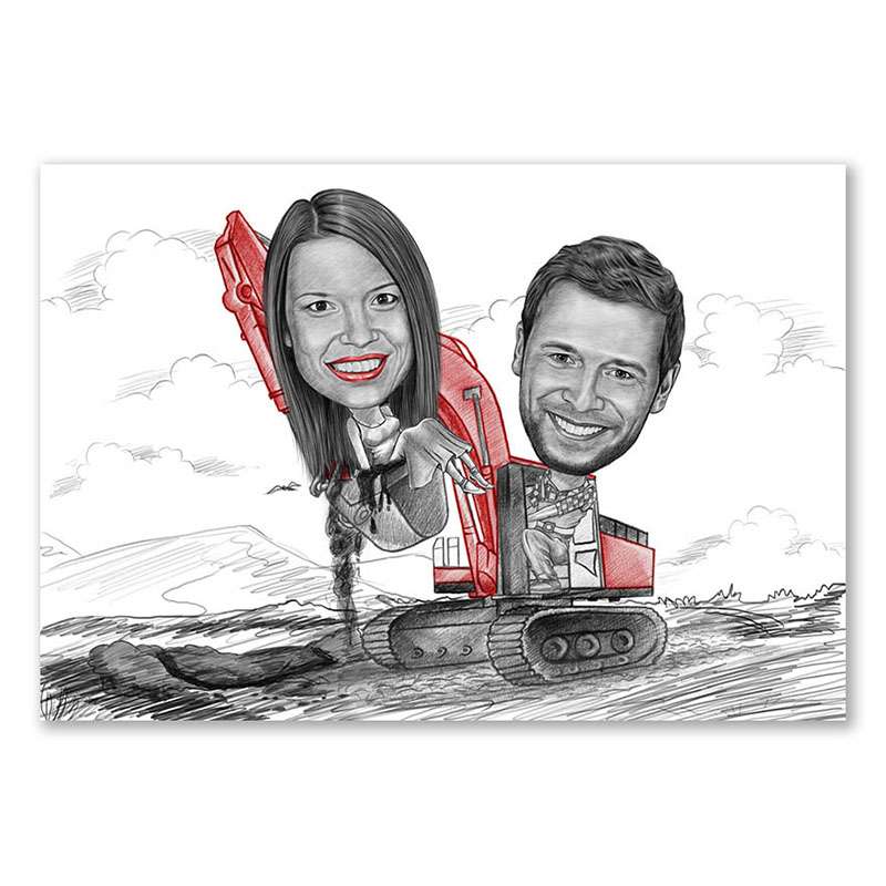 Karikatur vom Foto - Liebe geht �ber Baggerschaufel Zeichnung in rot (ca816pen-red)
